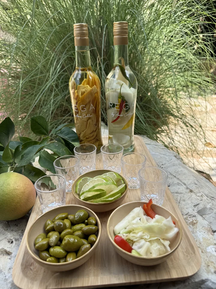 שני בקבוקי REGA על מגש עם כוסות וזיתים, מול צמחייה ירוקה
